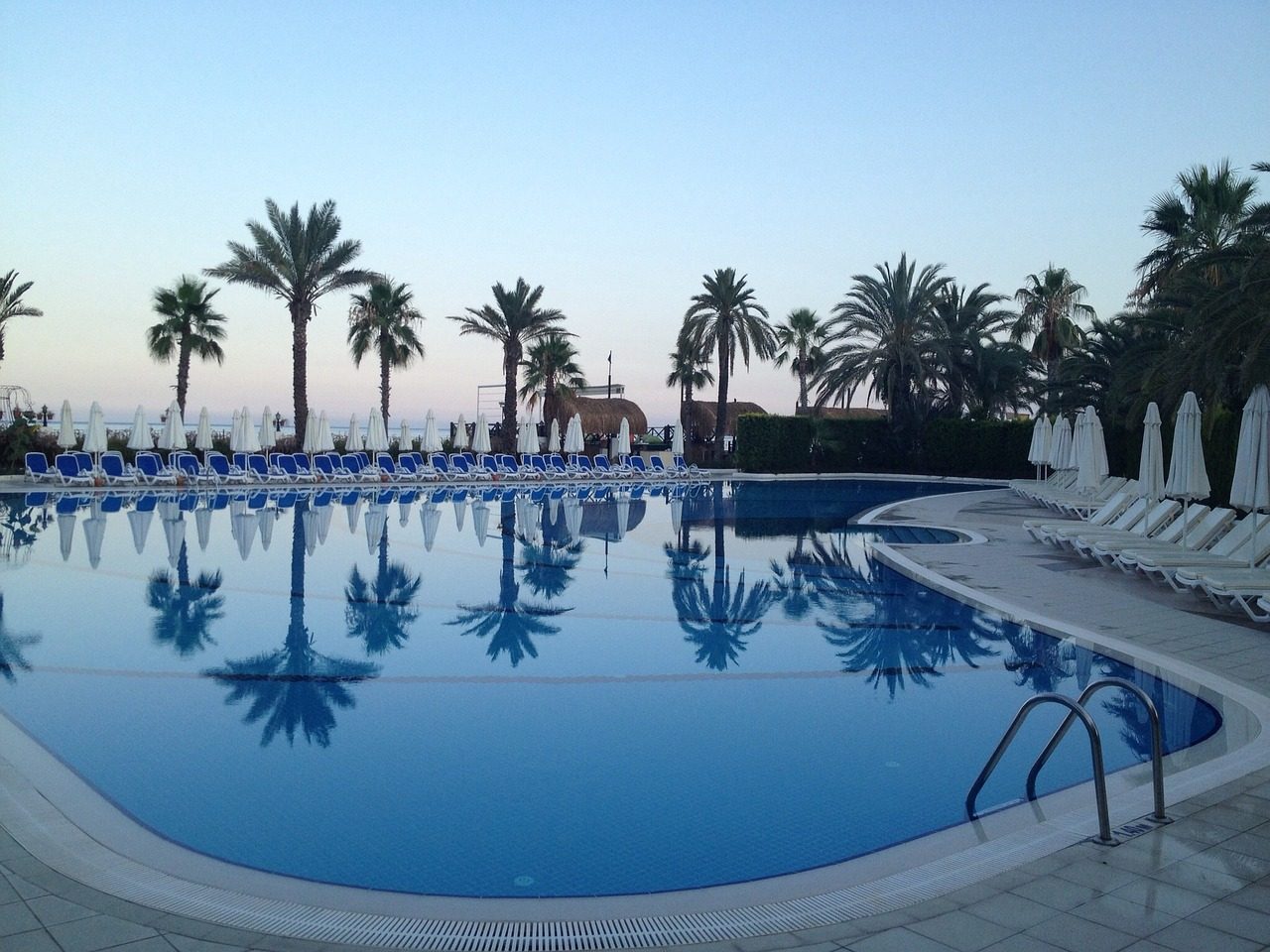 pool, relax, water, nature, swimming pool, blue, palm trees, hotel complex, silence, evening atmosphere, vacations, alone, reflection, abandoned, luxury, holiday destination, hotel